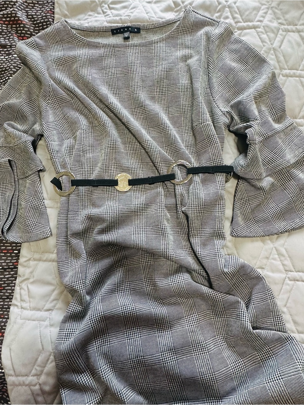 Sz 12⭐️BNWOT Tiana B. Grey Plaid Dress With 3/4 Tiered Bell Sleeve. PTP 20” 37”L